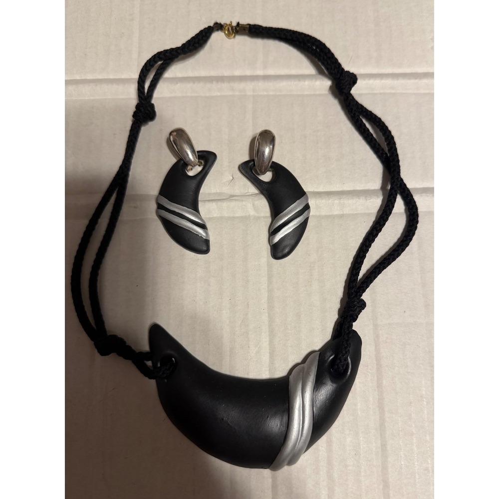 Artisan Clay Made Black Curved Necklace with Matching ClipOn Earring Set‎